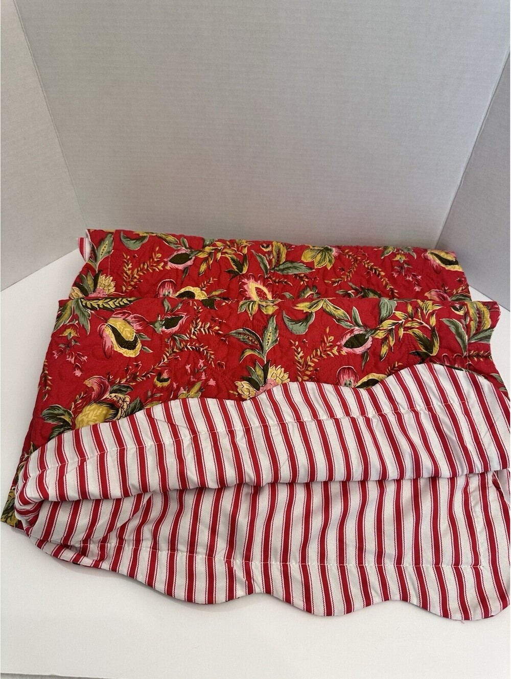 Quilted Red Floral/ Striped Reversible Pillow Shams French Country King Size
